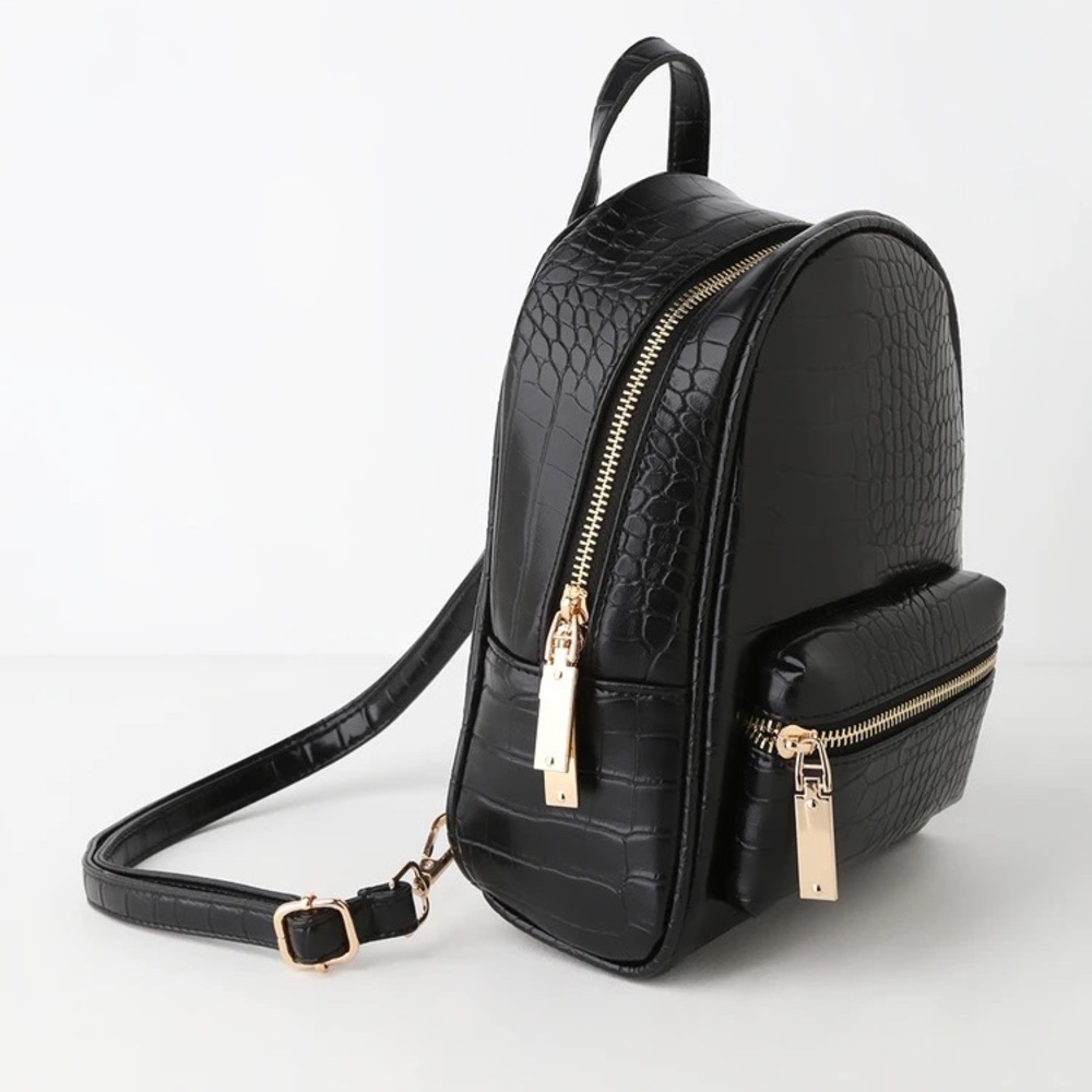 NWOT Lulus Getting Places Black Crocodile Embossed Mini Backpack - Picture 3 of 13
